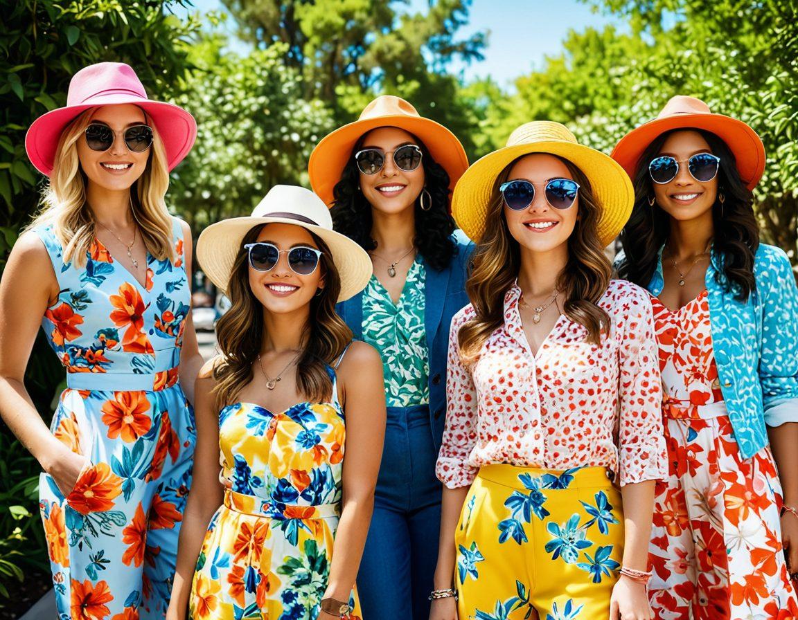 A vibrant and joyful fashion scene featuring diverse individuals dressed in cheerful, trendy outfits showcasing bright colors and playful patterns. The background has a sunny urban setting with a hint of nature, like flowers and trees, to enhance positivity. Include fashion accessories like hats and sunglasses for extra flair. super-realistic. vibrant colors. bright sunny atmosphere.