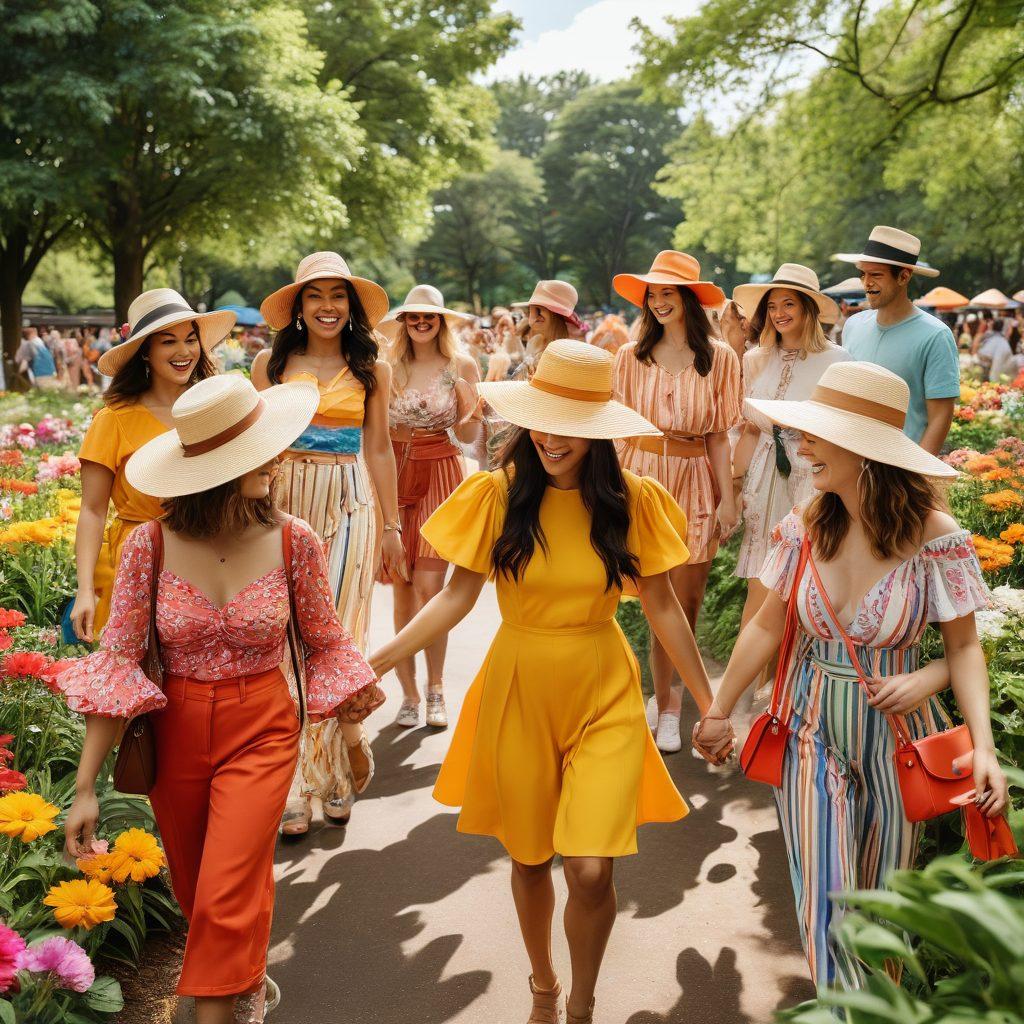 A vibrant scene showcasing a diverse group of people wearing colorful, trendy outfits that exude joy and positivity. Include accessories like bold hats and cheerful bags, while they are animatedly interacting in a sunny park setting filled with blooming flowers and bright greenery. The atmosphere should feel light and happy, evoking a sense of community and optimism. super-realistic. vibrant colors. sunny day.